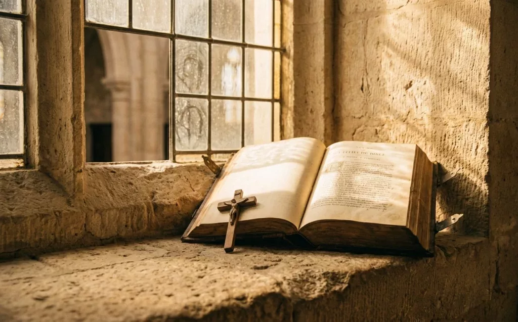 retourner à la messe — Bible ouverte dans la lumière d'une fenêtre d'église