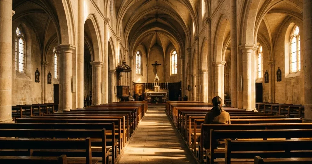 revenir à l'Église après une longue absence — nef vide avec lumière dorée