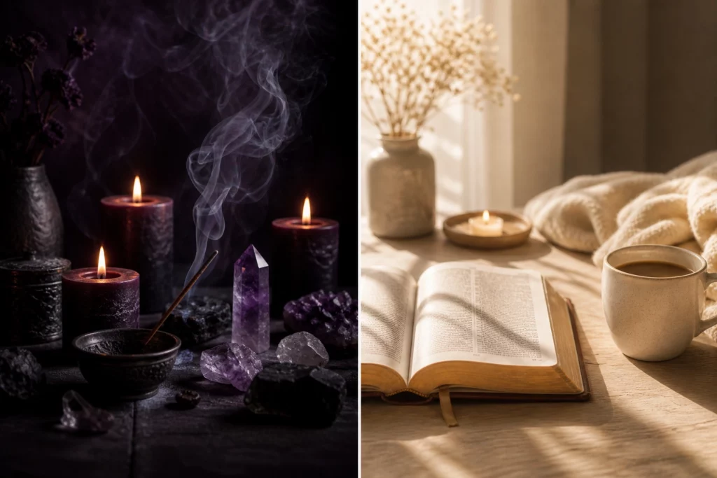 Contraste visuel entre un autel ésotérique sombre et un coin de prière chrétien lumineux