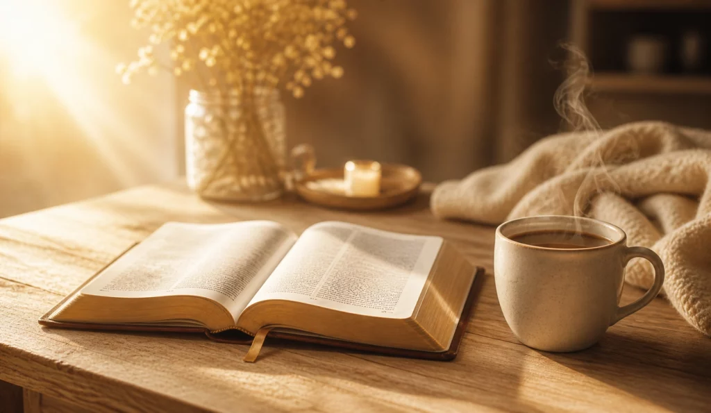 Tasse de café fumante posée sur une Bible ouverte, lumière de l'aube, atmosphère de recueillement silencieux