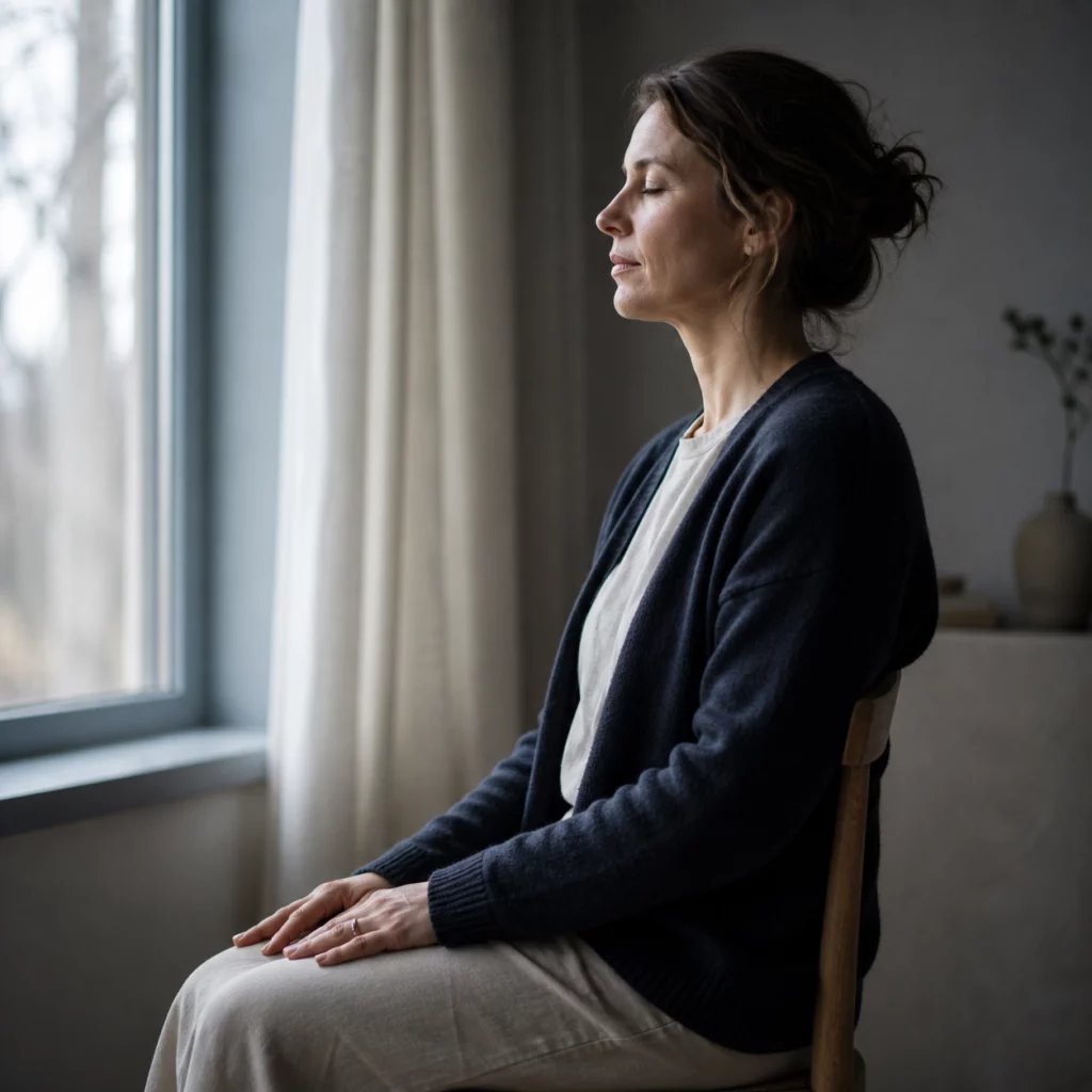 Femme assise en silence, mains posées sur les genoux, lumière d'aube par la fenêtre
