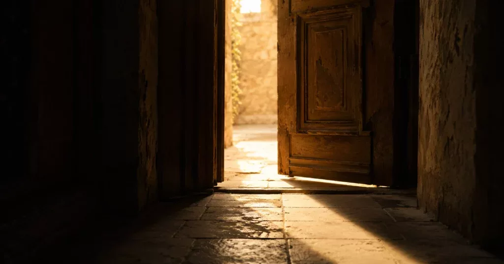 Porte entrebâillée sur lumière dorée symbolisant le retour à Dieu malgré la honte spirituelle