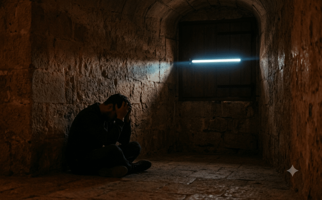 acédie moderne fuite spirituelle — silhouette dans une pièce sombre avec une fente de lumière étroite