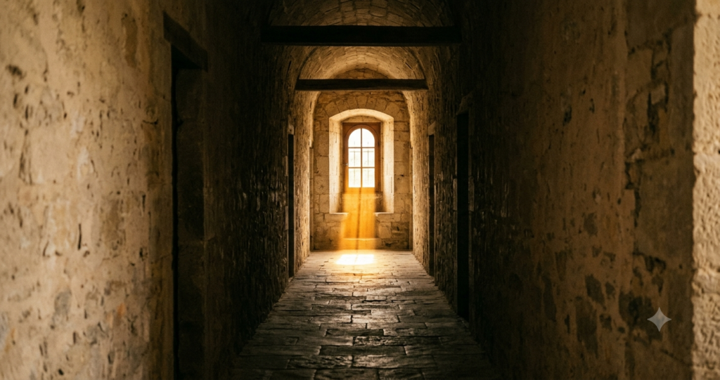 addiction divertissement spirituel — couloir de pierre dans la pénombre avec lumière dorée au fond symbolisant la soif de Dieu