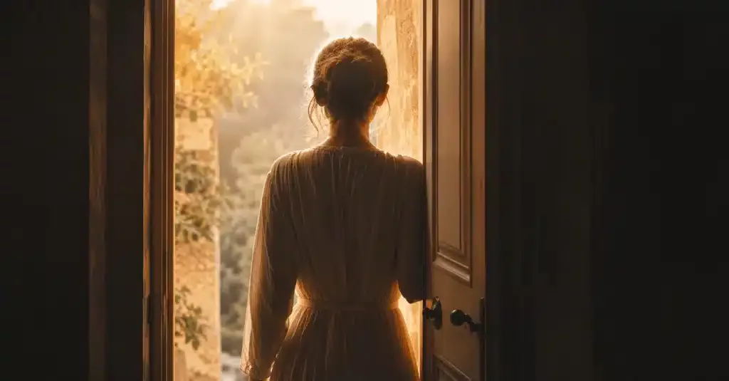 du New Age à Jésus conversion — femme debout au seuil d'une porte lumineuse