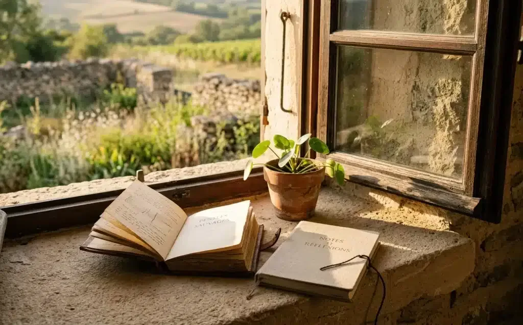foi catholique après sorcellerie — rebord de fenêtre avec livre ouvert et lumière dorée rasante