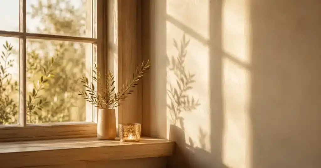 Rebord de fenêtre baigné de lumière dorée, illustrant la paix profonde de Jésus vs la fausse paix du New Age