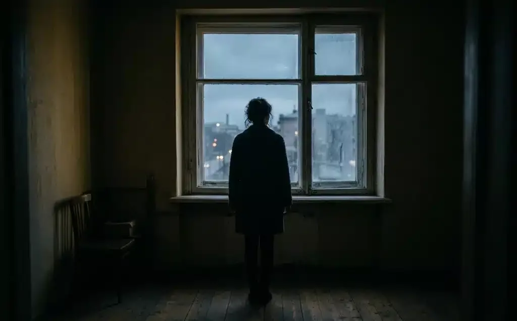 foi fragile — silhouette seule en attente, lumière froide