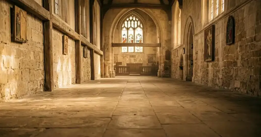foi conditionnelle — couloir d'église avec lumière naturelle filtrante