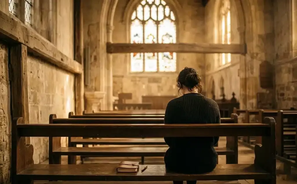 foi mature — femme de dos assise dans une église, lumière de vitraux