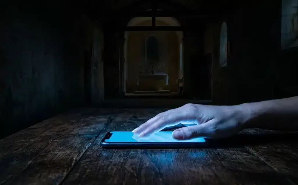 fuir la solitude avec le téléphone — main sur smartphone dans une pièce sombre