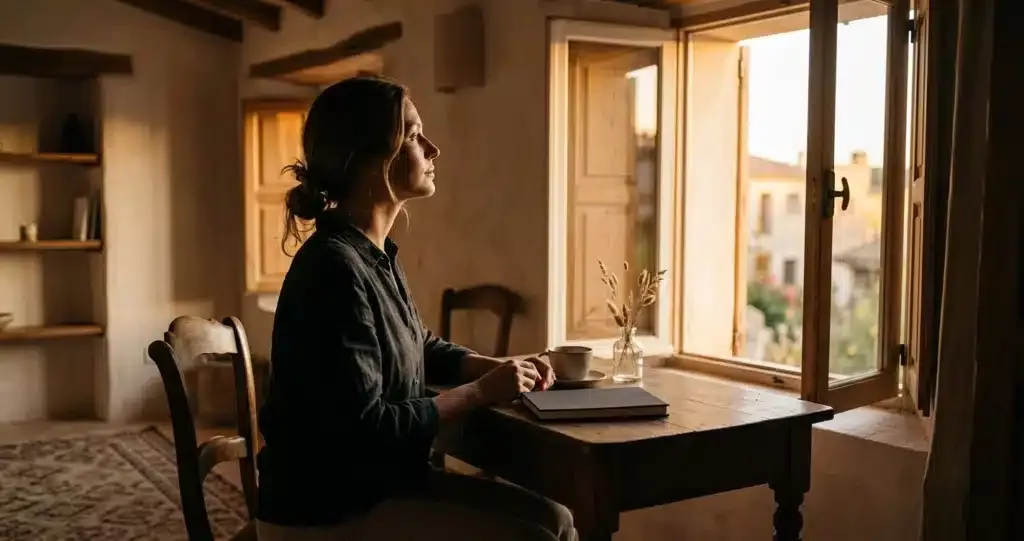 l'Univers ne répond pas Dieu si — femme de profil face à une fenêtre lumineuse, carnet devant elle