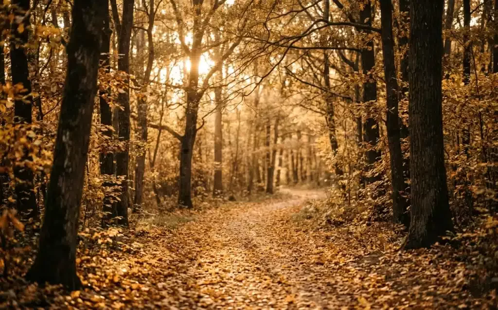 paix de Dieu et foi au travail — chemin forestier baigné de lumière, symbole de présence divine
