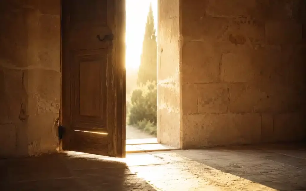 Porte entrebâillée sur une lumière dorée, illustrant la paix de Jésus comme une invitation à recevoir