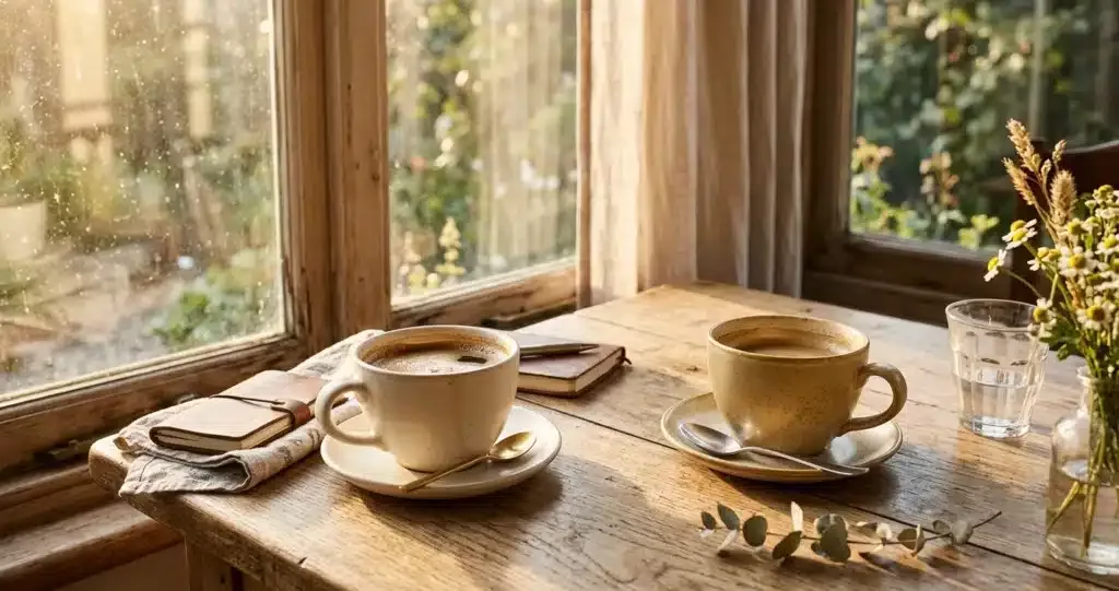parler de Dieu à ses proches, deux tasses sur une table en bois dans la lumière dorée