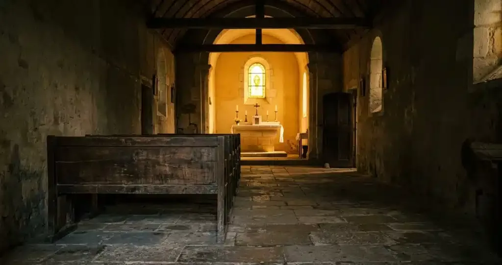 peur du silence et solitude — intérieur de chapelle baigné de lumière dorée