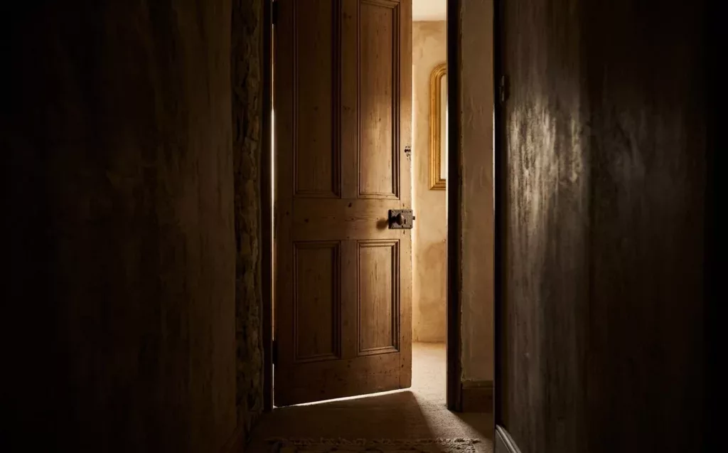 prosélytisme, porte entrebâillée qui se referme dans un couloir sombre