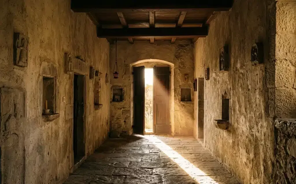 relation personnelle avec Dieu chrétien — porte entrebâillée sur la lumière dans une chapelle