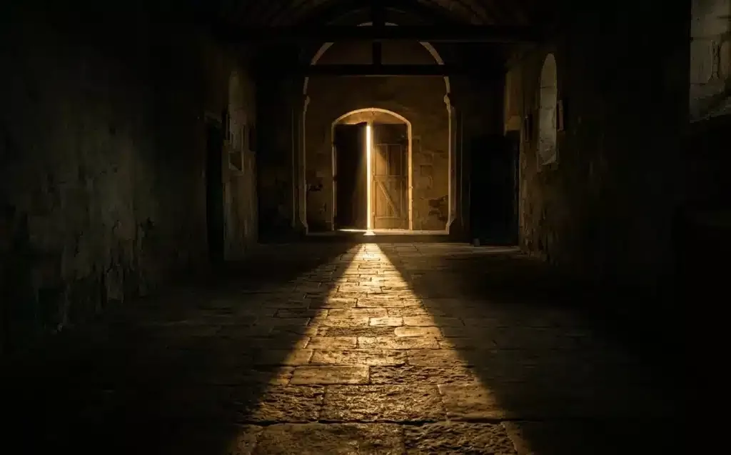 silence intérieur et foi — porte entrebâillée sur une lumière chaude dorée