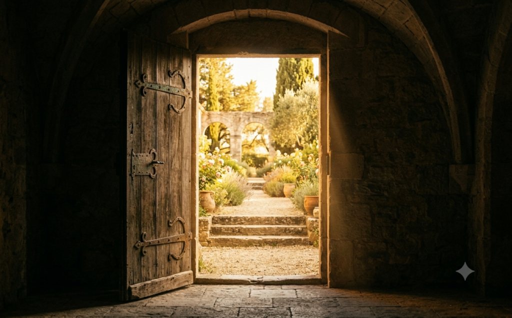 soif de Dieu signes — porte ancienne entrebâillée sur la lumière, symbolisant l'invitation à se tourner vers Dieu