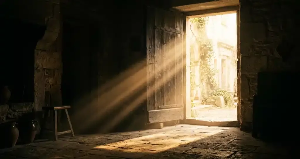 conversion sorcière catholique — porte entrouverte sur une lumière dorée symbolisant le passage vers la foi