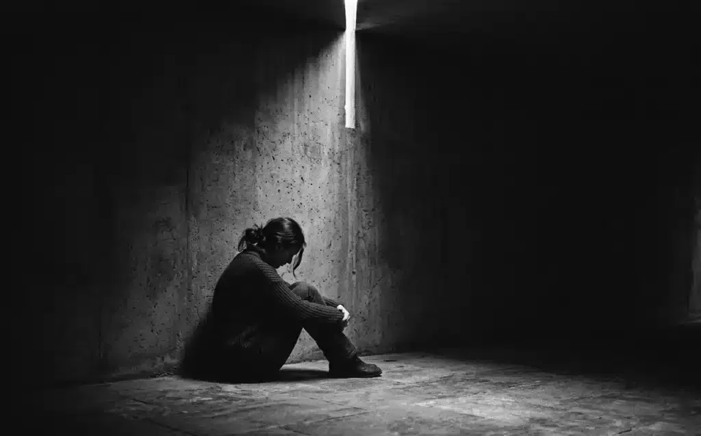 quitter la sorcellerie doute spirituel — silhouette seule dans un espace sombre avec lumière venant du haut
