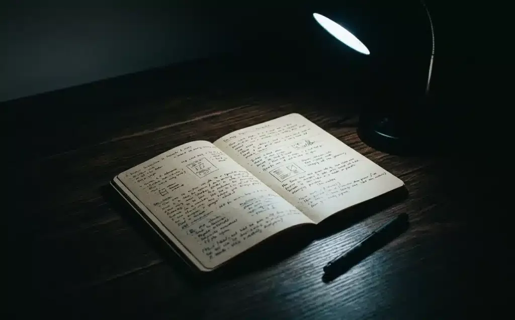 anxiété de la recherche de signes, carnet de notes sous une lumière froide et étroite