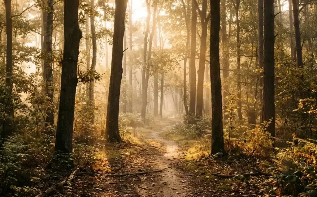 Avancer dans la foi après avoir quitté la sorcellerie, chemin forestier lumineux