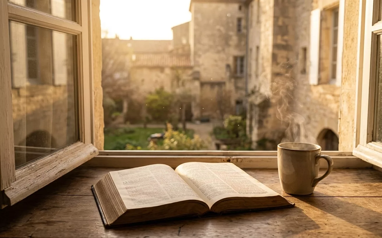 Bible ouverte et tasse fumante sur un rebord de fenêtre, lumière dorée — soin et accompagnement spirituel