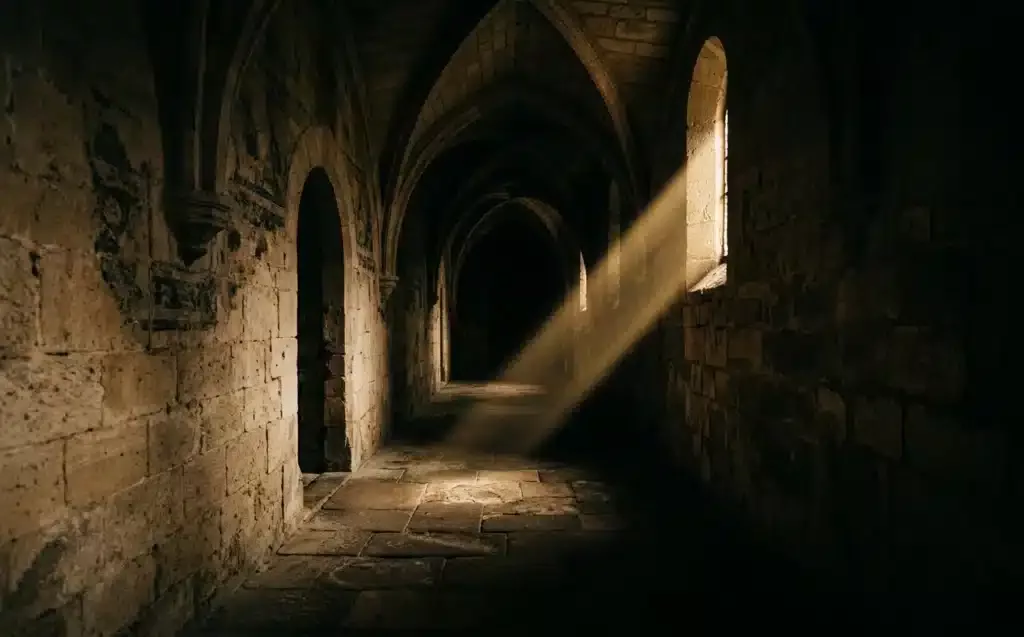 jugement spirituel contenu chrétien, couloir sombre traversé de lumière