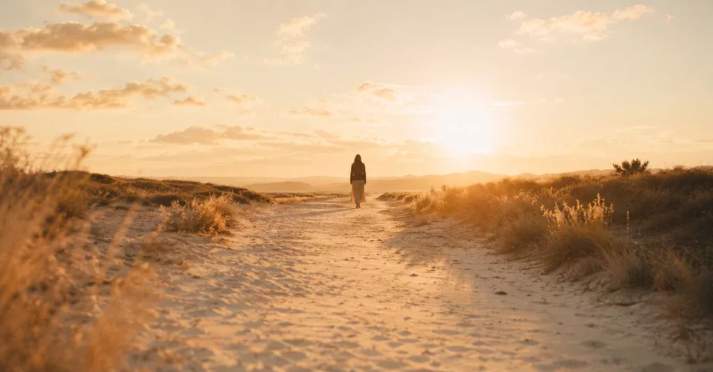 silhouette de dos avançant sur un chemin de sable clair, lumière dorée, désert spirituel avant le baptême