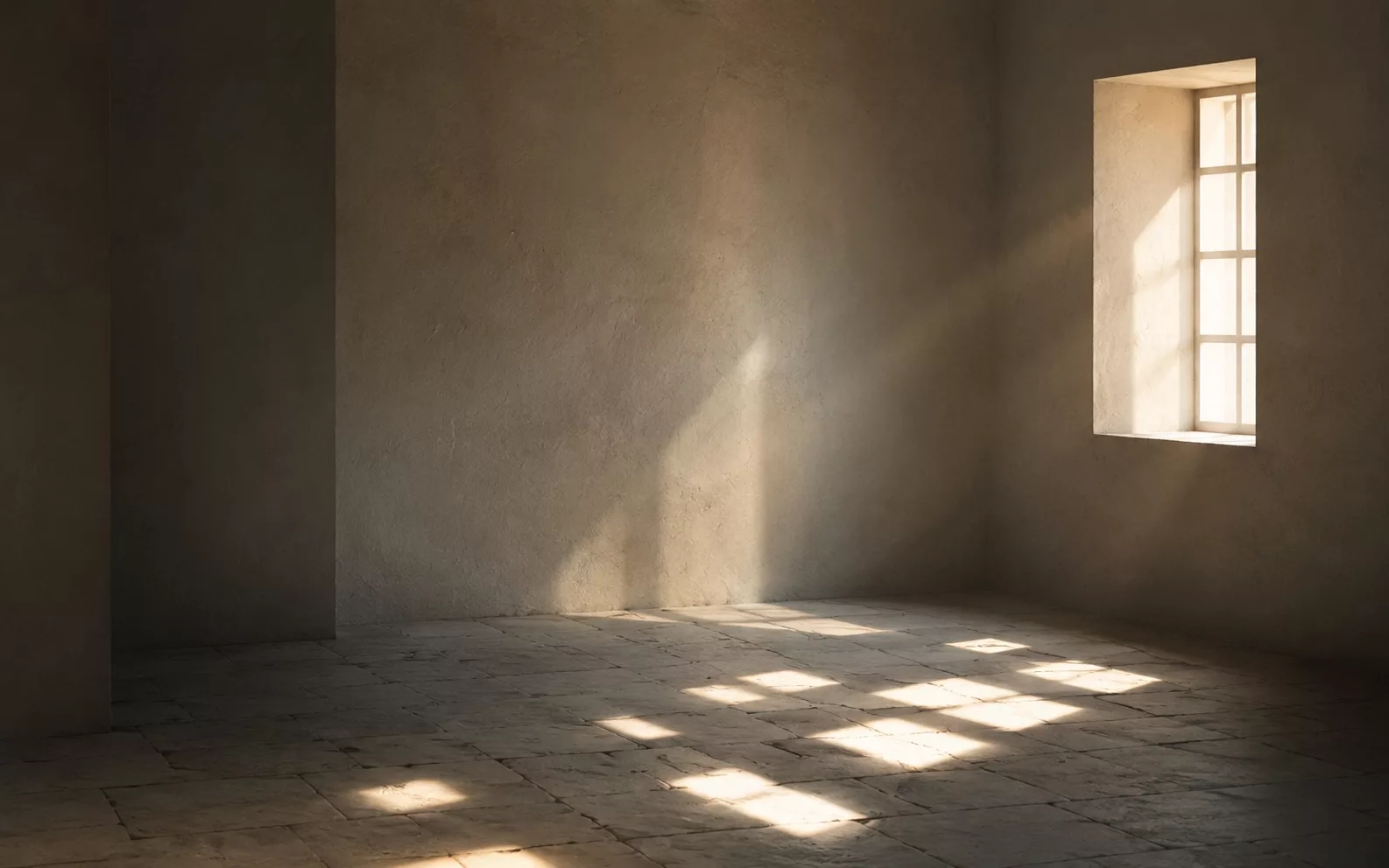 éclats de lumière dispersés sur le sol d'une pièce vide, crise d'identité spirituelle