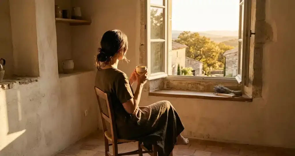 isolement social solitude sacrée, femme seule à la fenêtre au coucher du soleil