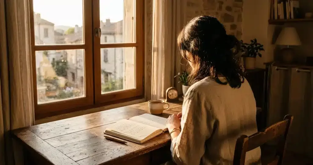 journal spirituel chrétien, carnet ouvert dans la lumière dorée du soir