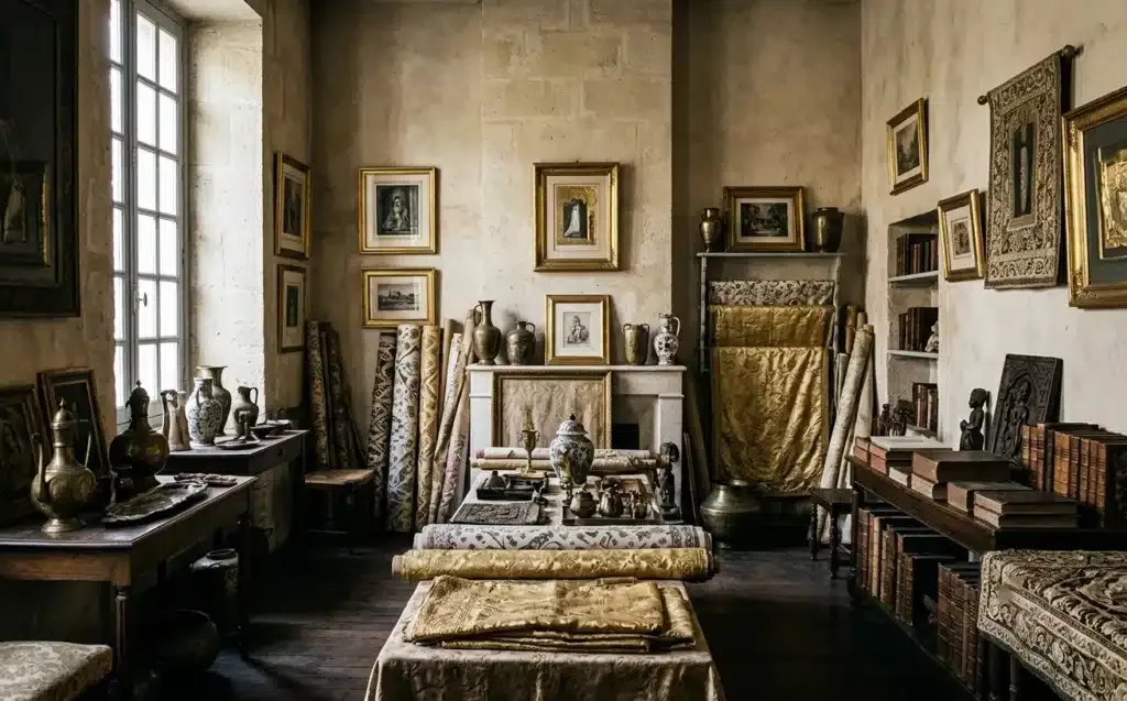 intérieur rempli d'objets sans présence, accumulation matérielle et vide