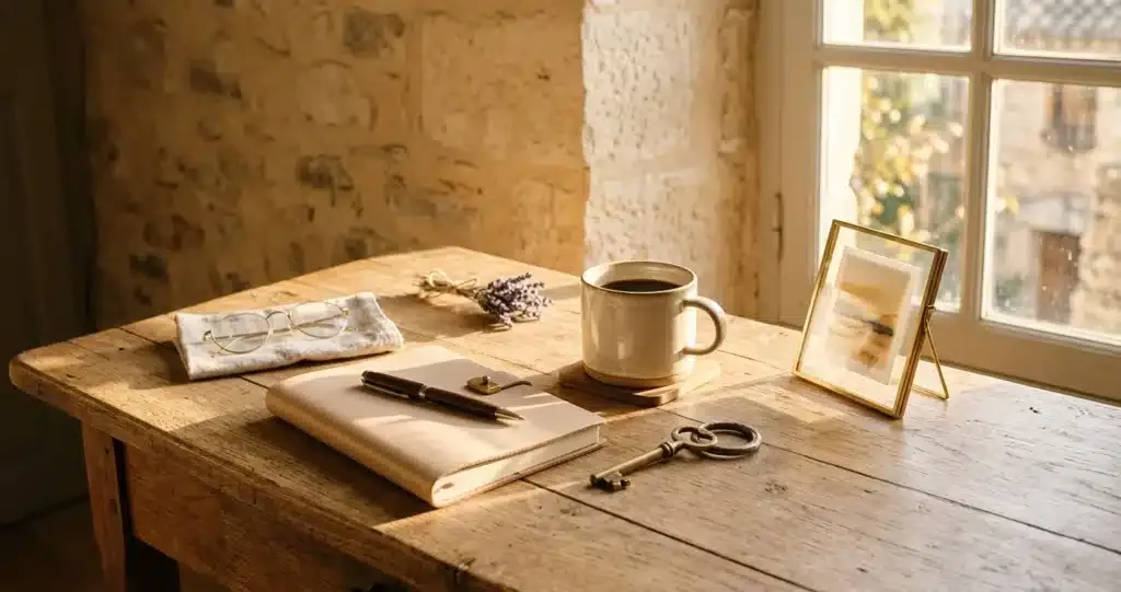 objets rangés dans une lumière dorée, matérialisme et vide intérieur
