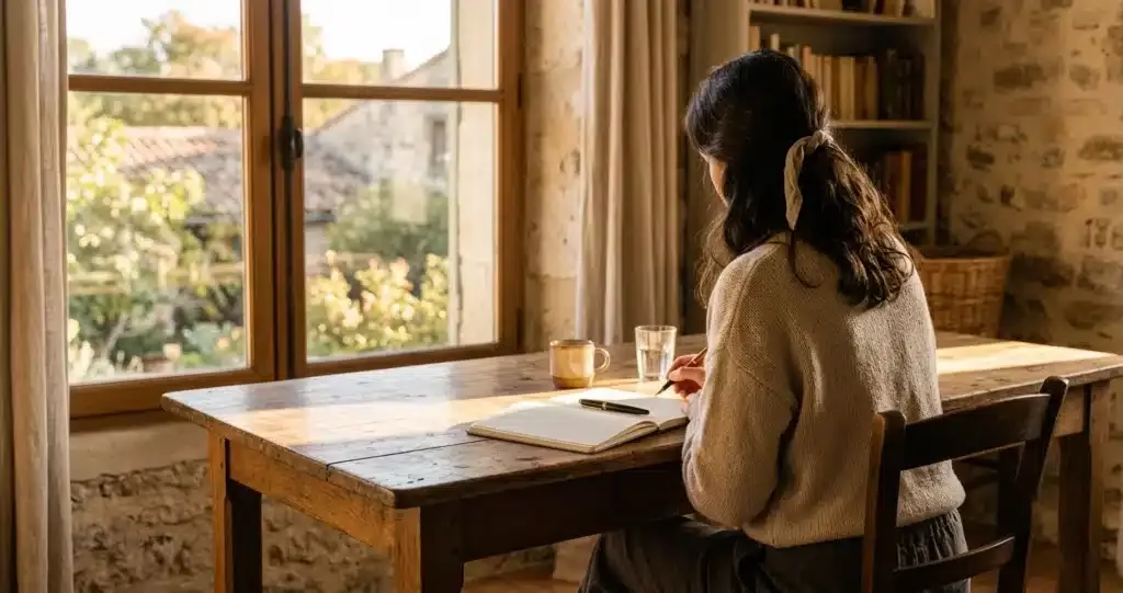 pièges contenu chrétien New Age, femme écrivant à la lumière du matin