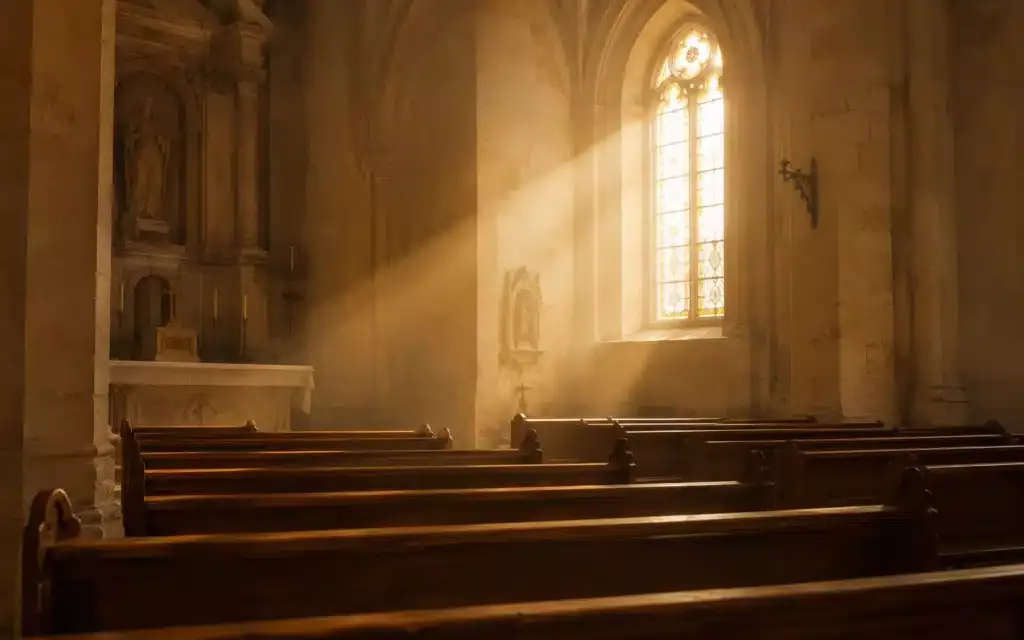 Nef d'église baignée de lumière chaude, symbole de la prière de guérison catholique