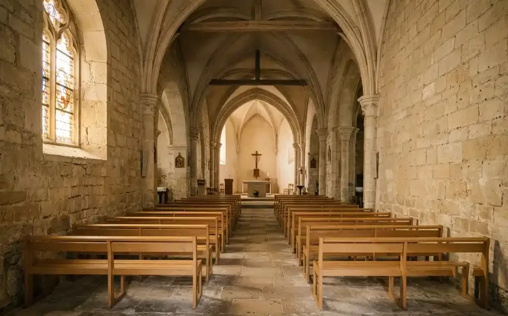 purification chrétienne à l'église, nef baignée de lumière dorée entrant par un vitrail