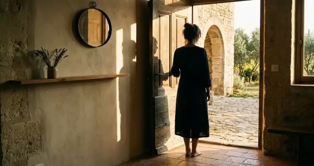 signes de Dieu ou Parole de Dieu, silhouette de dos face à une lumière dorée par une porte entrebâillée