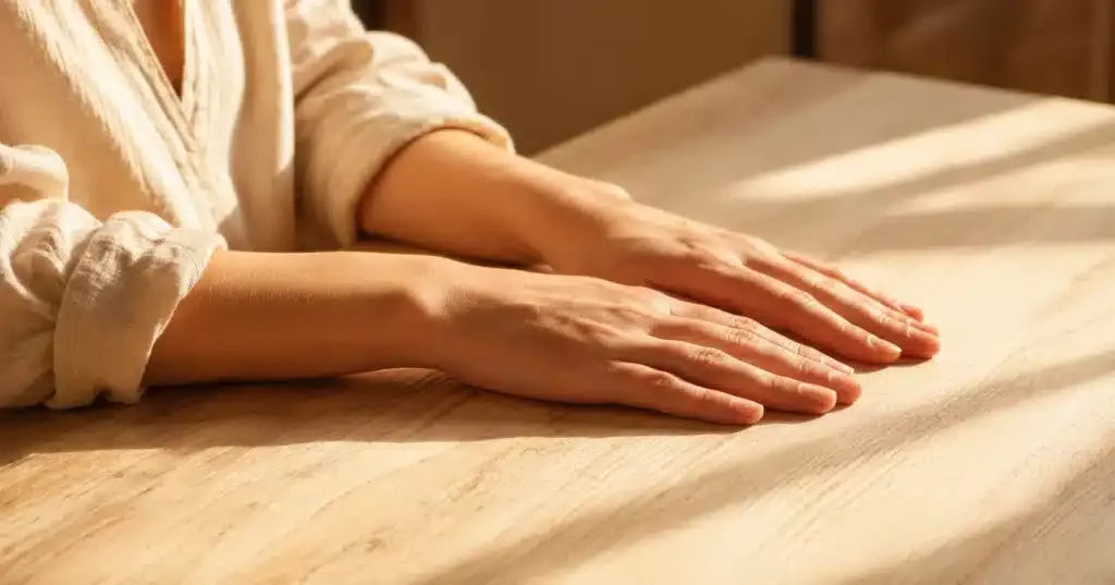 Mains posées sur une table en bois dans une lumière douce, reiki et foi catholique