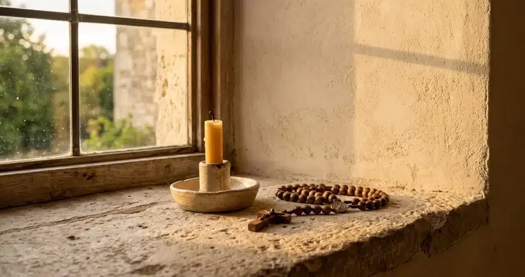 purification spirituelle après l'ésotérisme, bougie éteinte et chapelet sur un rebord de fenêtre en lumière dorée