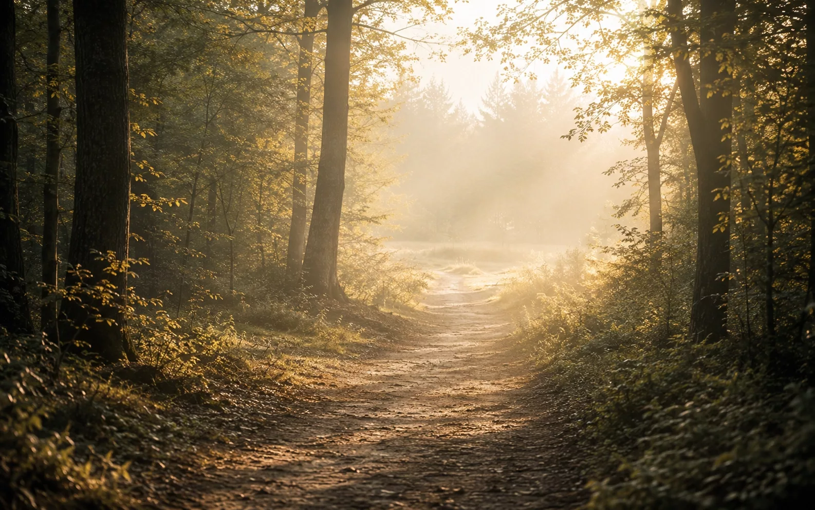 sentier de forêt sortant de la brume vers une clairière lumineuse, discernement spirituel