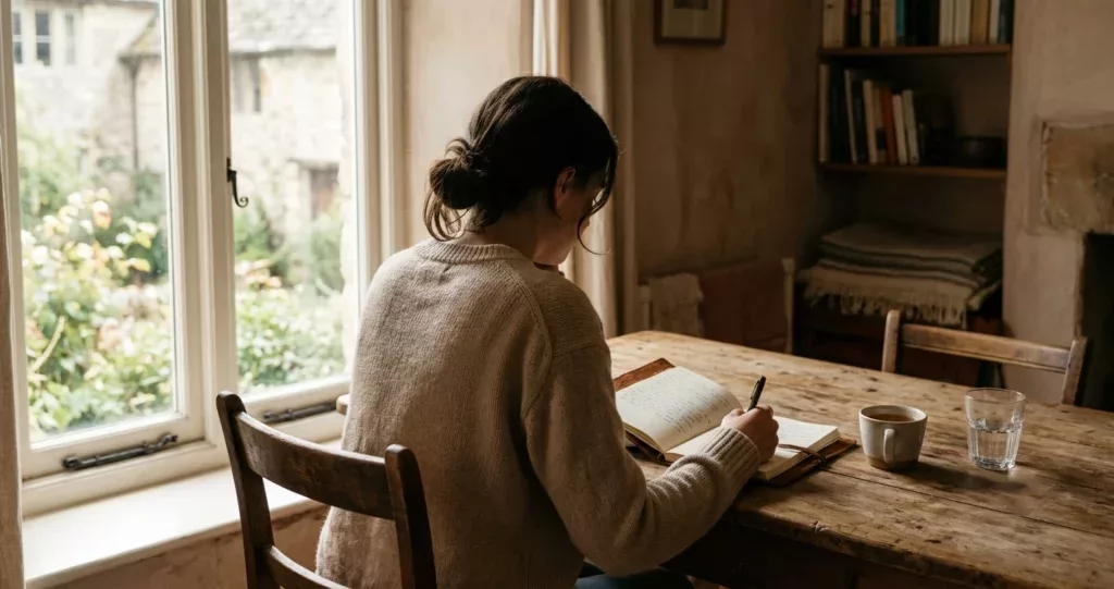 femme assise de dos à une table, carnet ouvert, lumière matinale — vide intérieur dépression ou appel de Dieu