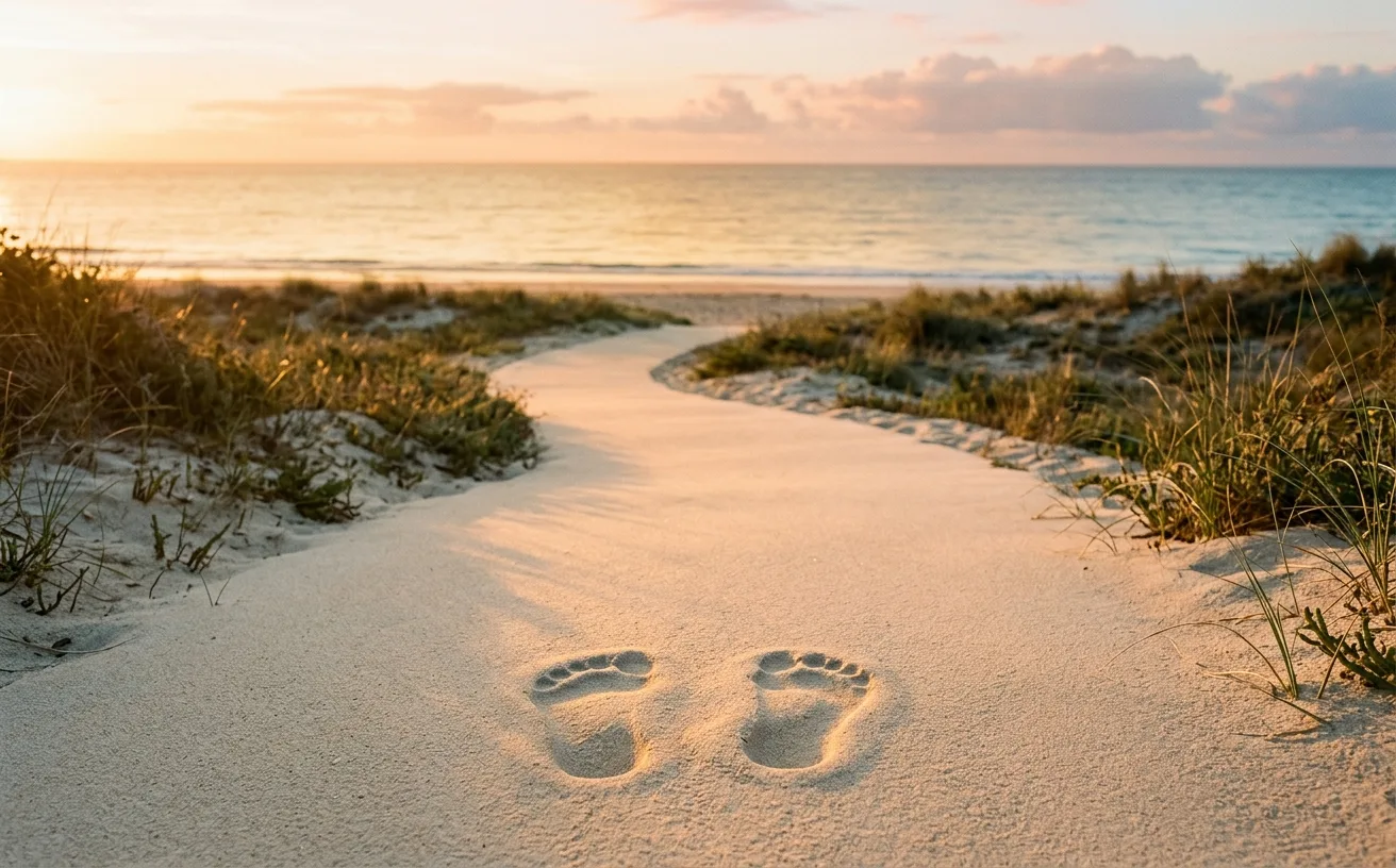 deux traces de pas sur un chemin de sable vers la mer, lumière dorée, amitiés recomposées après une conversion