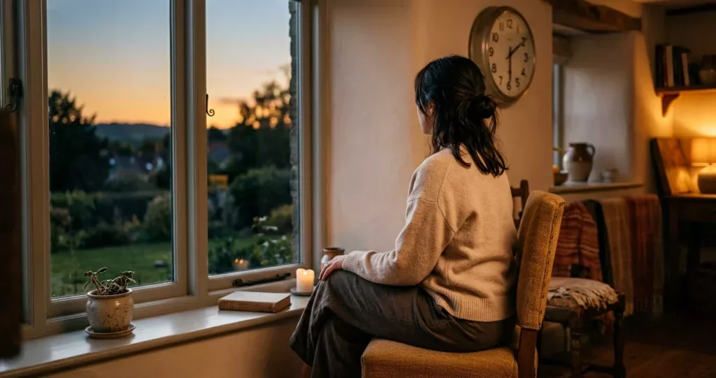 angoisse du dimanche soir, femme regardant par la fenêtre au crépuscule