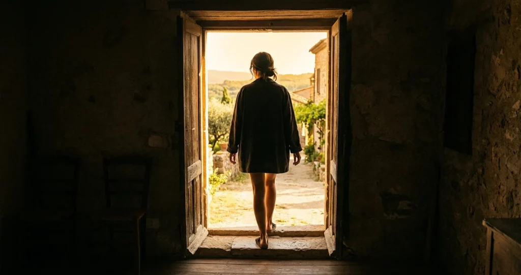 silhouette de dos au seuil d'une porte ouverte sur la lumière, annoncer sa conversion à ses amis New Age