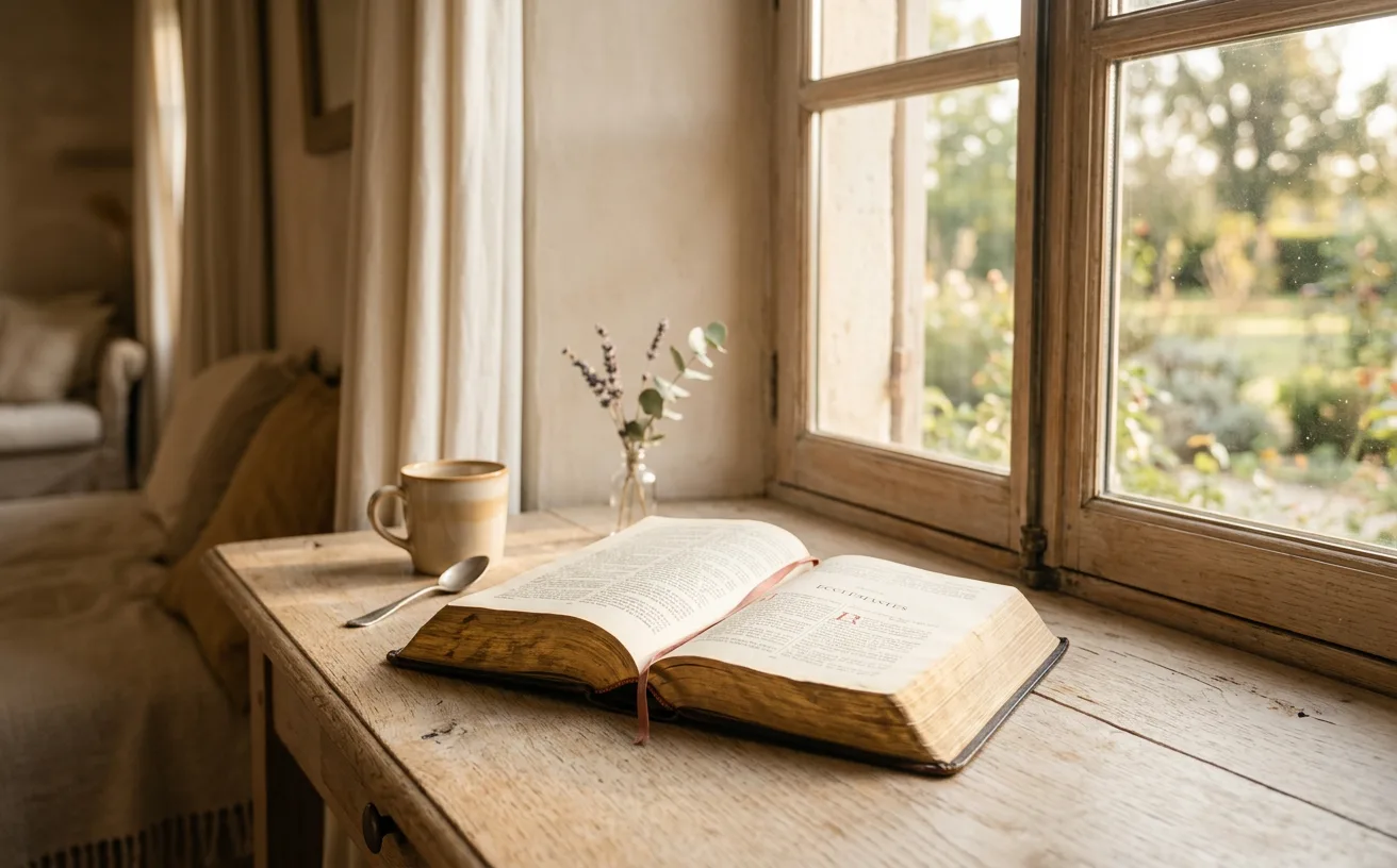 Bible ouverte sur un rebord de fenêtre dans la lumière du matin, symbole de la foi face à l'astrologie