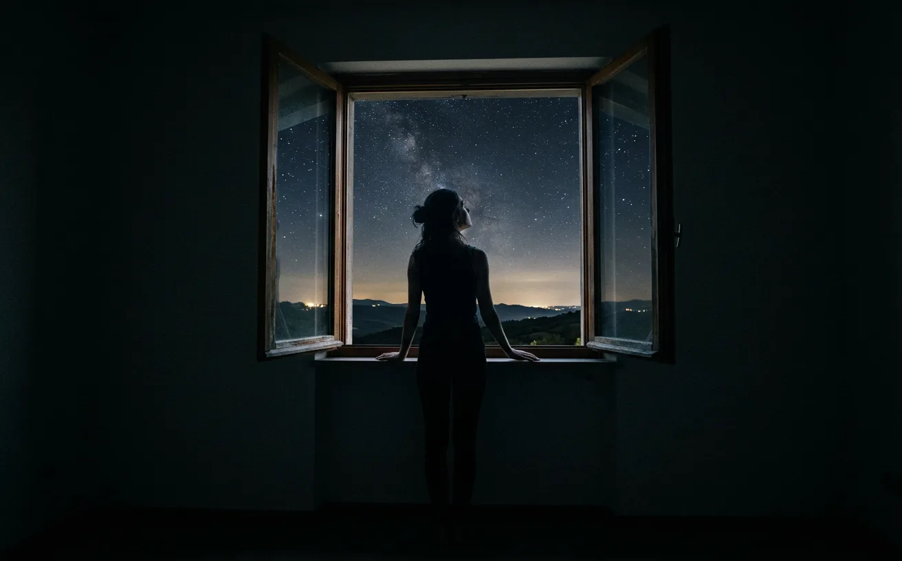 Silhouette de dos regardant le ciel étoilé la nuit, illustrant la recherche de réponses dans l'astrologie