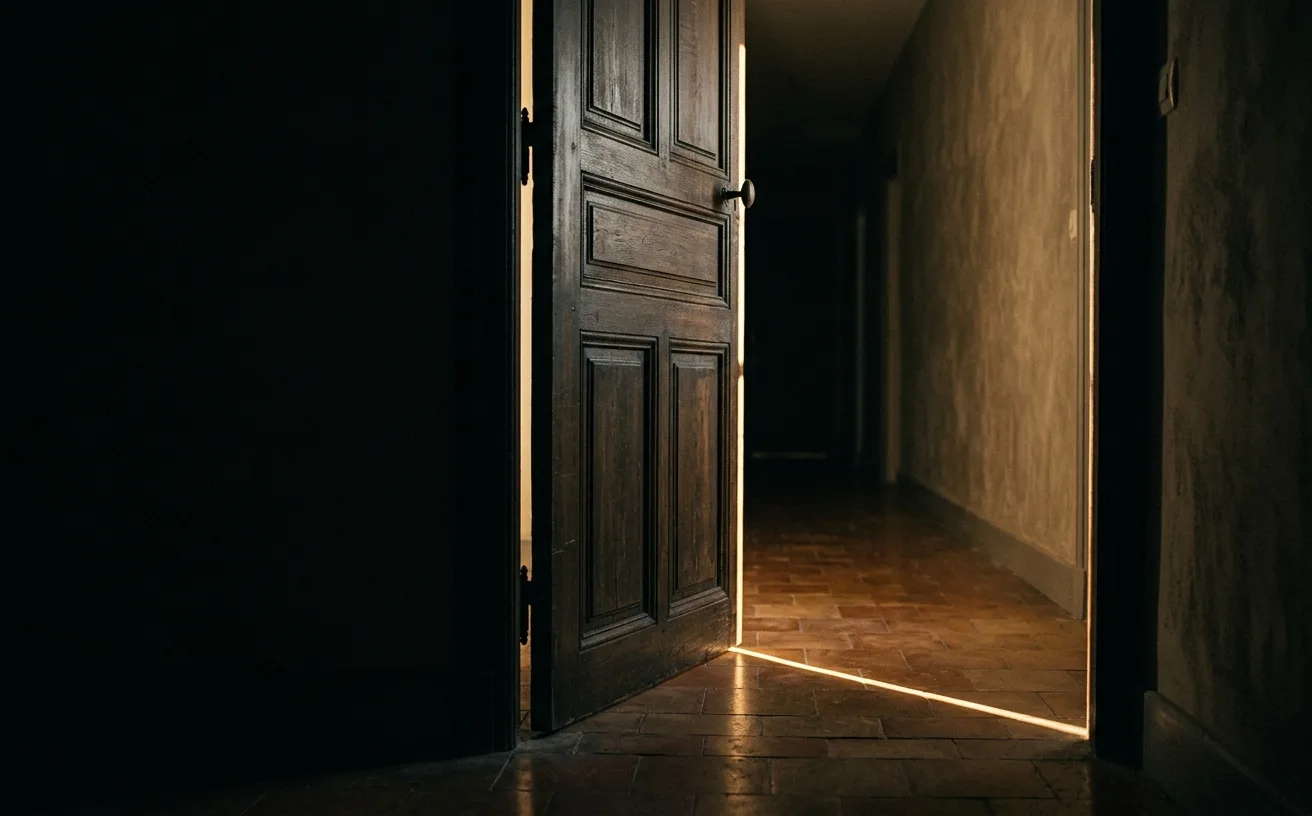 channeling danger spirituel : seuil de porte entrouvert sur un couloir sombre